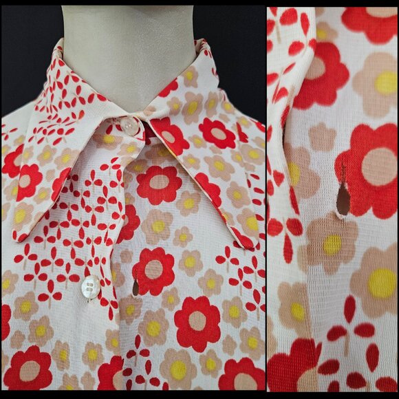 70s Shapely Flower Power Dagger Collar Long Sleeve Button Down Shirt - Picture 3 of 15